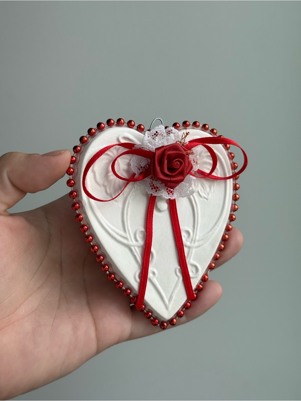 3.5x4" Vintage White Ceramic Heart Lace Red Ribbon Valentine's Day Hanging Decor